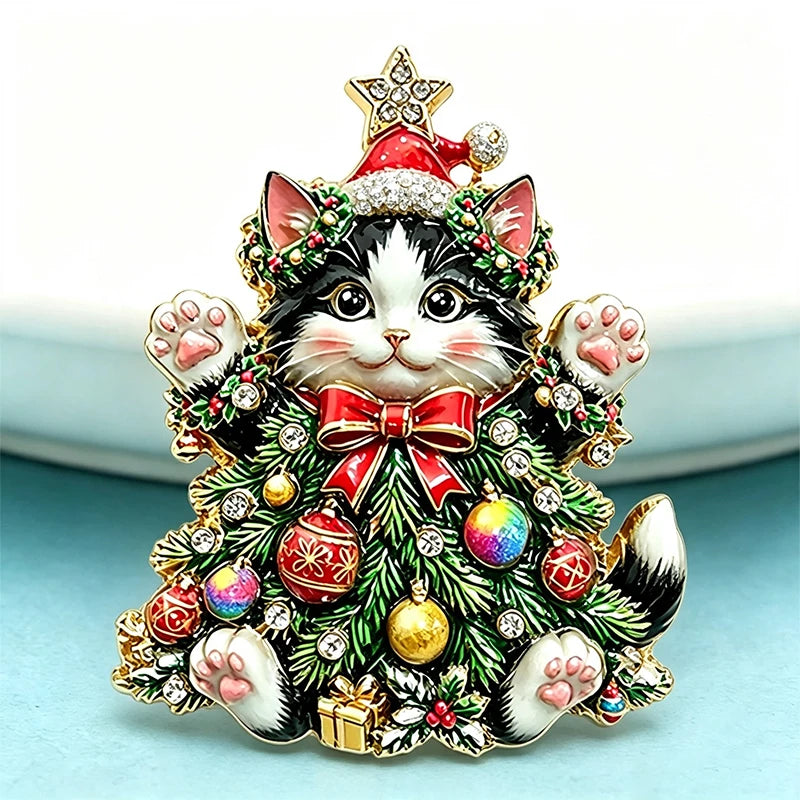 PENDRA Festive Rhinestone Christmas Cat Brooch