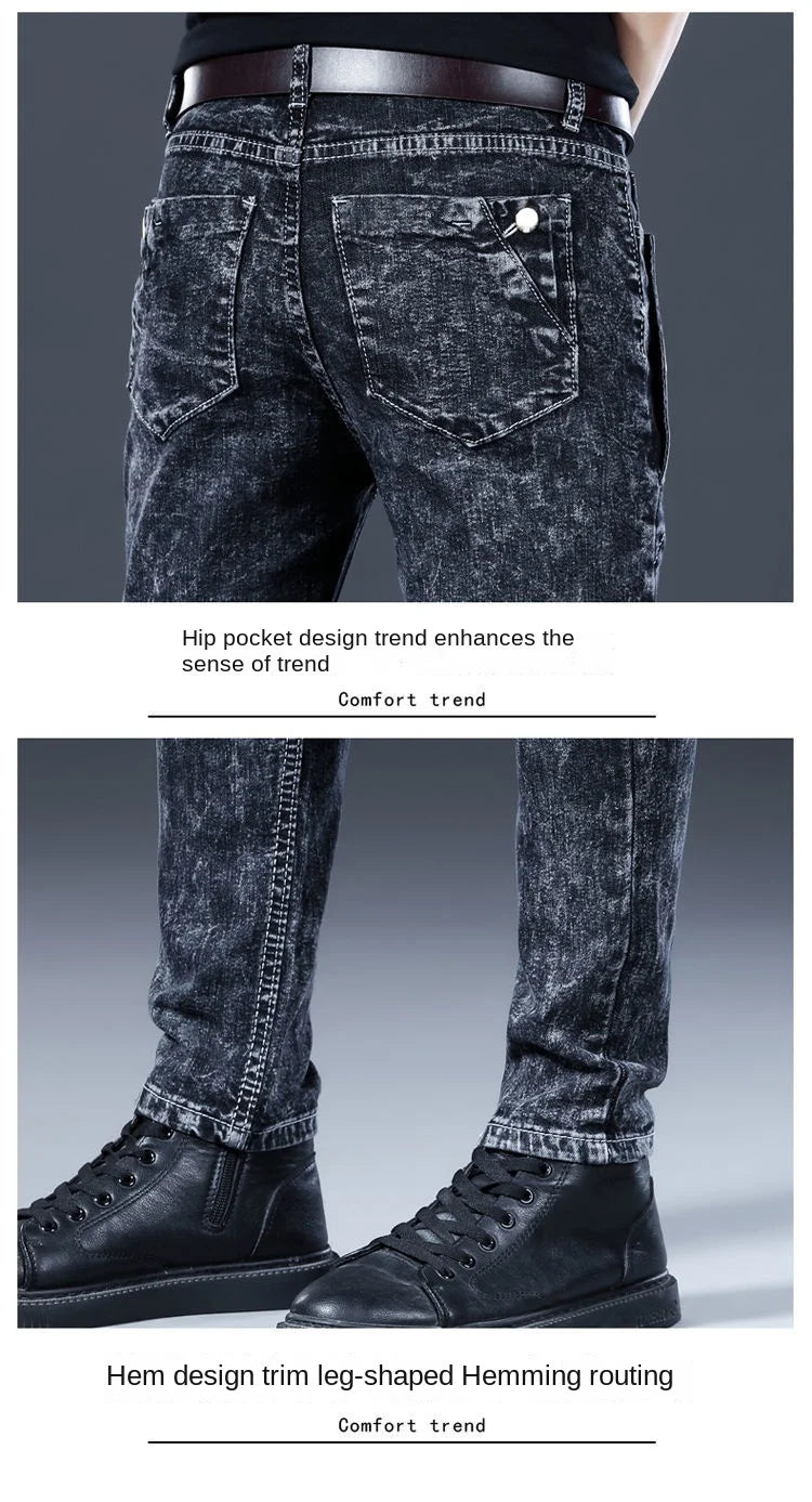 Autumn Winter Brushed Cowboy Luxury Slim Designer Clothes Male Korean Style Denim Skinny Plush Grey Jean Pants Trousers for Men