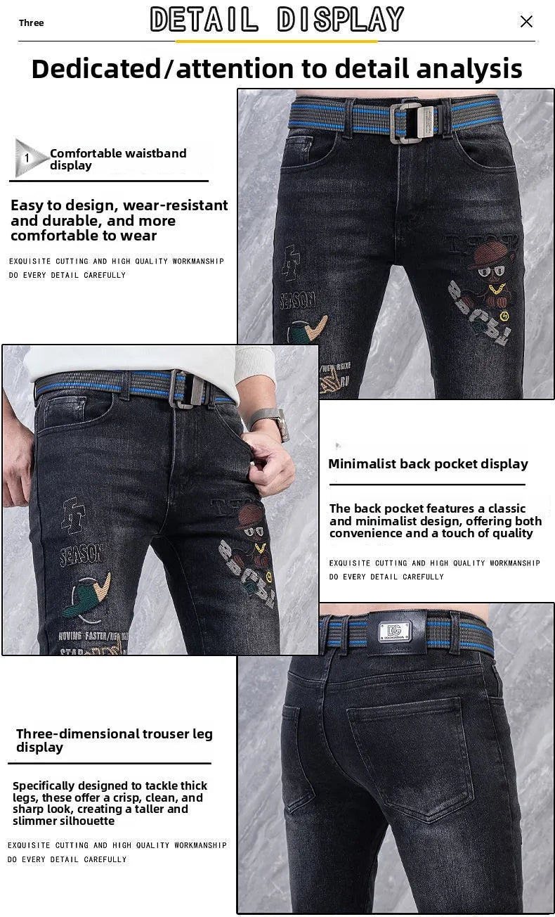 Original Brand Men's Clothing Autumn and Winter New Trend Letter Embroidered Jeans Men's Slim Fashion Korean Elastic Trousers