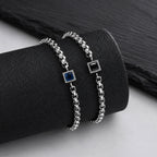 Square Blue Black Stone Bracelet for Men,Adjustable Stainless Steel Box Chain Wristband,Trendy Jewelry Gift for Him Dad