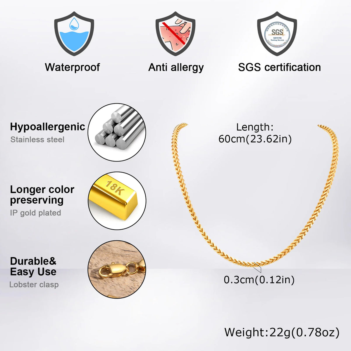 Gold Color Franco Chain Necklace for Men,3MM Wide Thick Stainless Steel Necklace Collars,Classic Trendy Jewelry Gifts