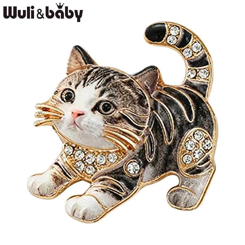 PENDRA Playful Kitty Rhinestone Brooch