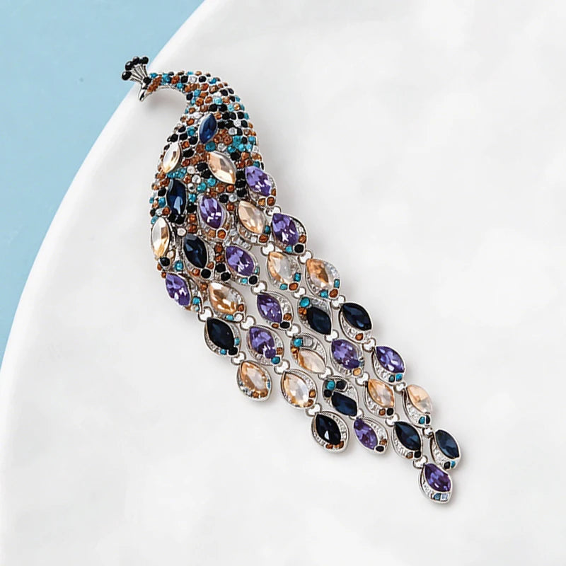 PENDRA Crystal Tassel Peacock Rhinestone Brooch
