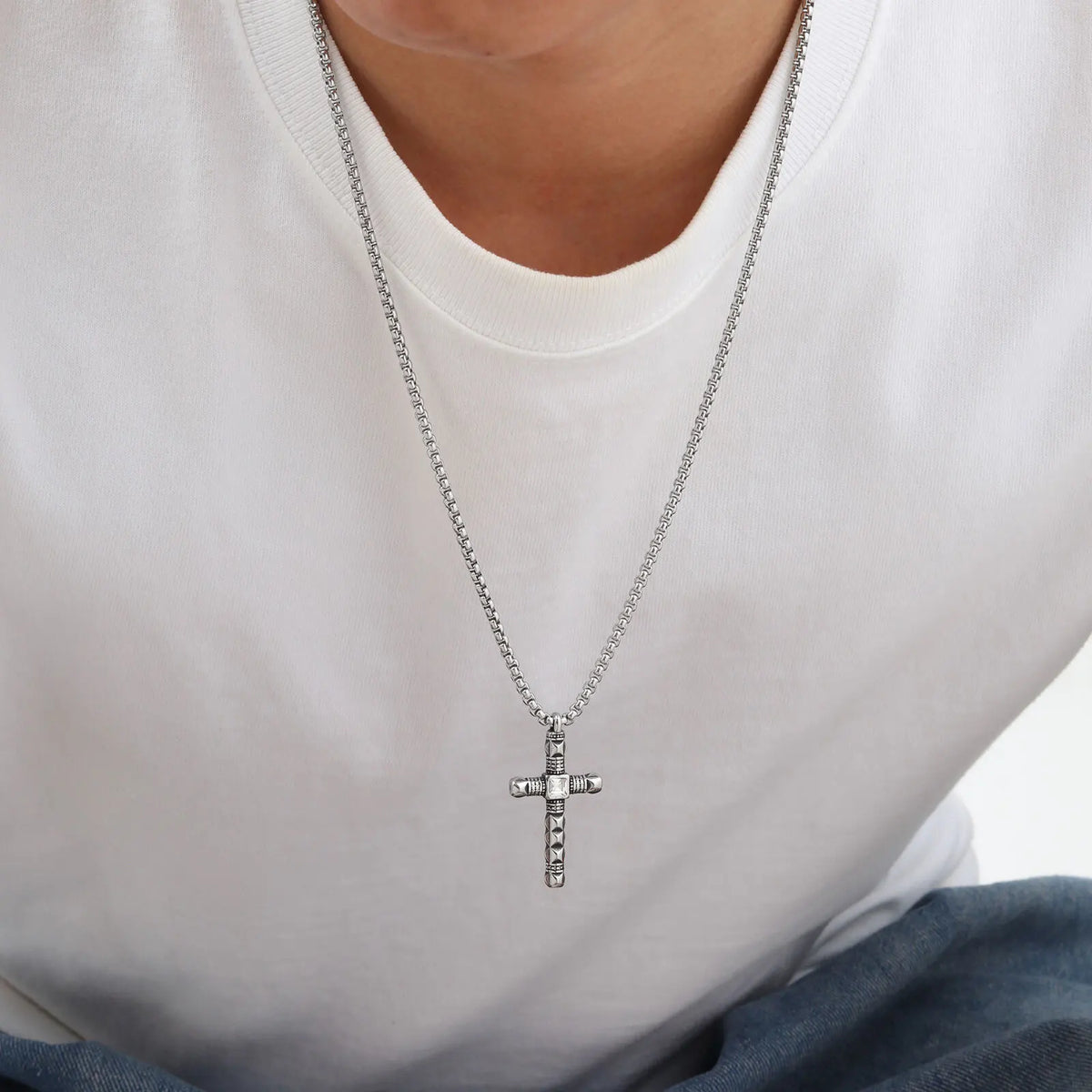 Punk Mens Cross Pendant Necklace,Silver Color Plain Cross Pendant Collar with Stainless Steel Box Chain,Exquisite Male Gift
