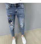 Luxury Brand Men's Slim Denim Jeans Casual Pencil Pants with Embroidery 2024 New Korean Fashion Autumn Summer Blue Long Pants