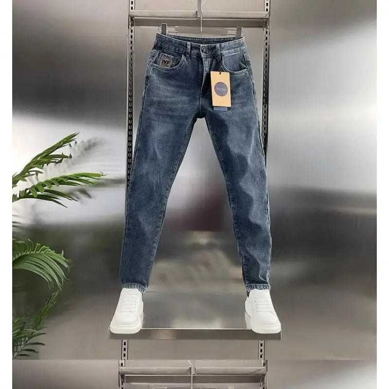 New Men's Jeans Slim-fitting Small Feet High-end Blue-gray Washed Casual Blue Long Slim Fit Work Stretch Cowboy Man Pants