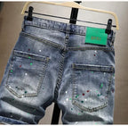 Washed Ripped Denim Men's Trendy Brand Spray Paint Medium Summer Thin Elastic Patch Bermuda Short Pants Men's Jeans Shorts