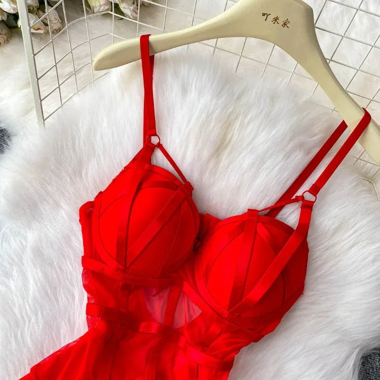 Sexy spicy girl with chest cushion jumpsuit women's summer new see through mesh slimming sexy niche design camisole vest
