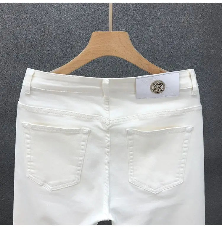 High-Quality Korean Street Men's Slim Jeans for Spring and Autumn with Denim Fabric and Casual Solid White Black Punk Trousers