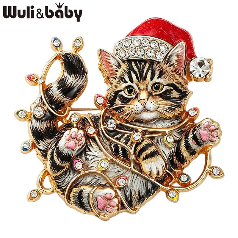 PENDRA Lights Rhinestone Christmas Cat Brooch