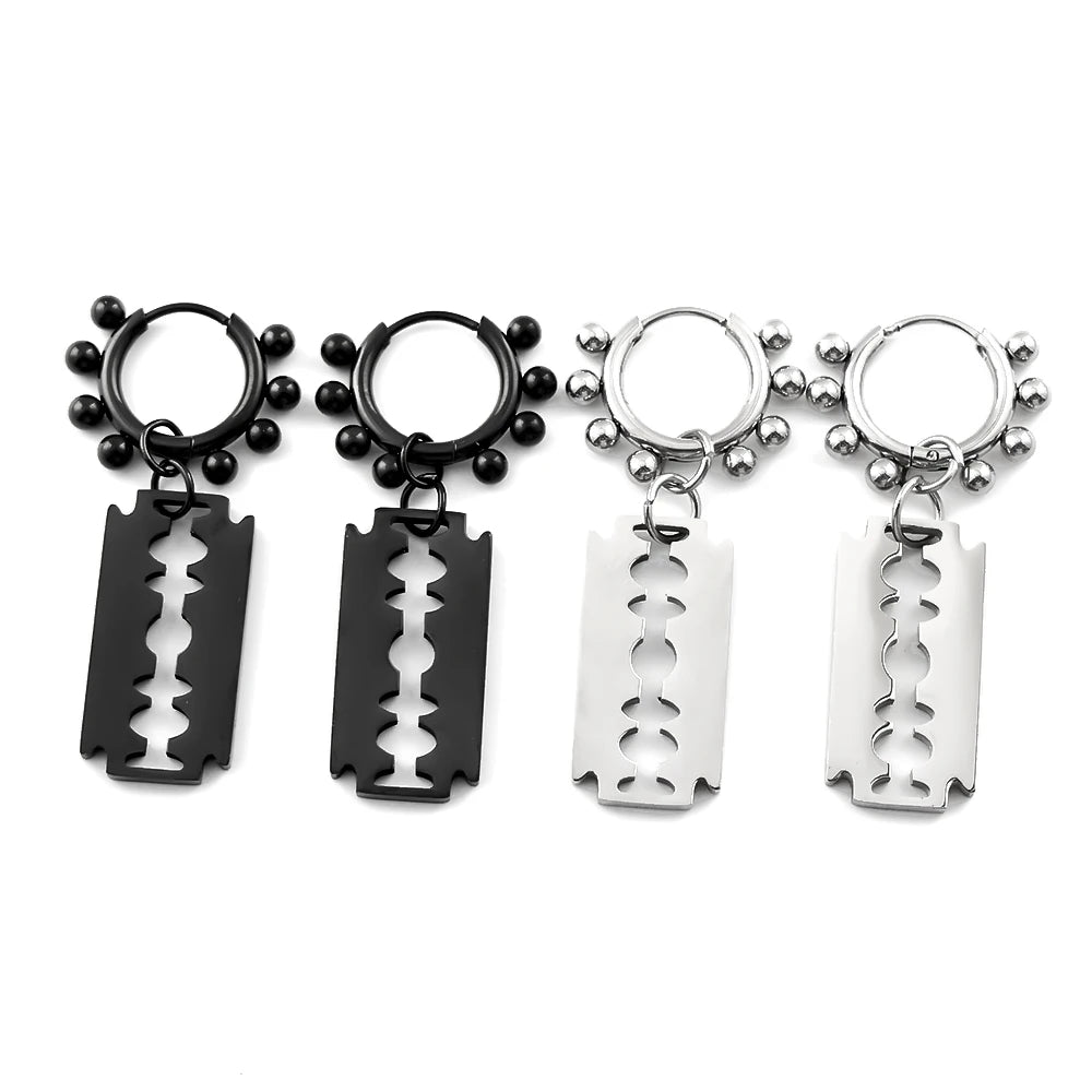 Punk Gothic Razor Blade Drop Earrings for Women Men Black Silver Color Hip Hop Stainless Steel Beads  Earring Rock Party Jewelry