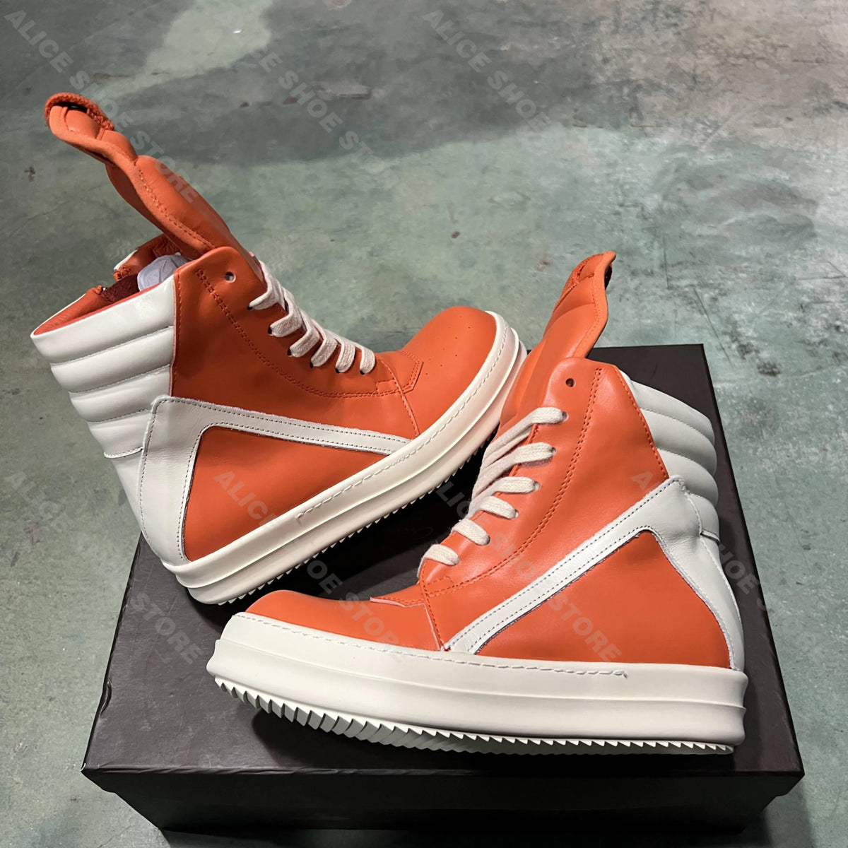 PENDRA Orange Geobasket Orange Leather High-Top Zip Platform Ankle Boots