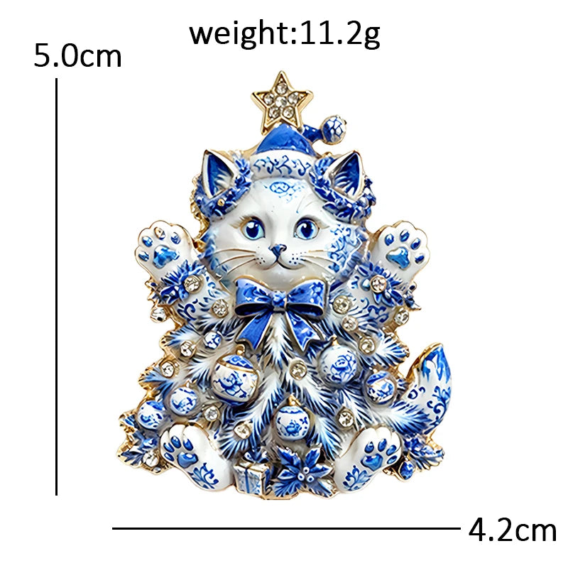 PENDRA Festive Rhinestone Christmas Cat Brooch