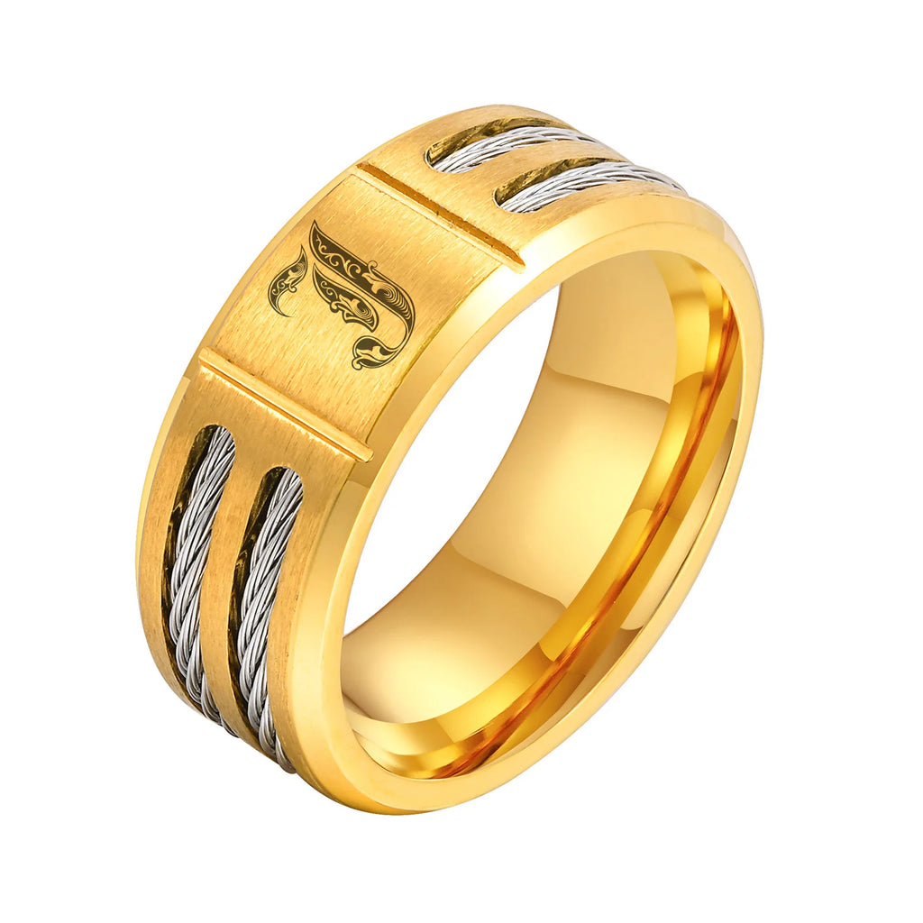 Chunky A-Z 26 Initials Ring for Men,Gold Color Stainless Steel Alphabet Ring with Wire,Stylish Wedding Jewelry Gifts for Him