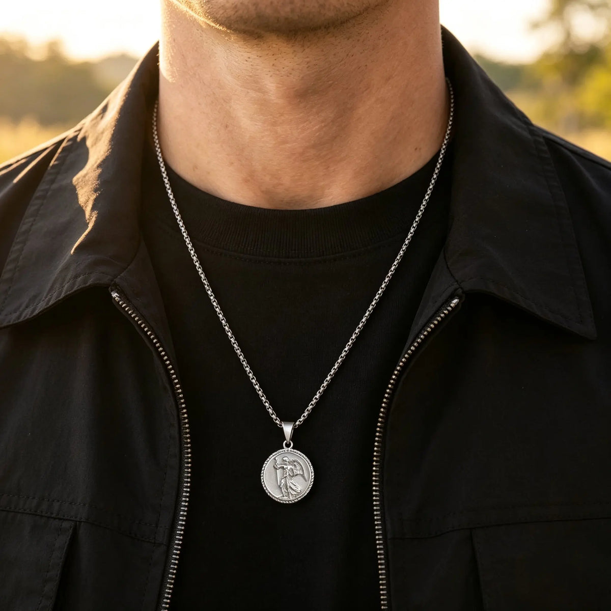Saint Michael Archangel Pendant Necklace for Men,Stainless Steel Round Medal Neckalce,Religious Amulet Jewelry Gift