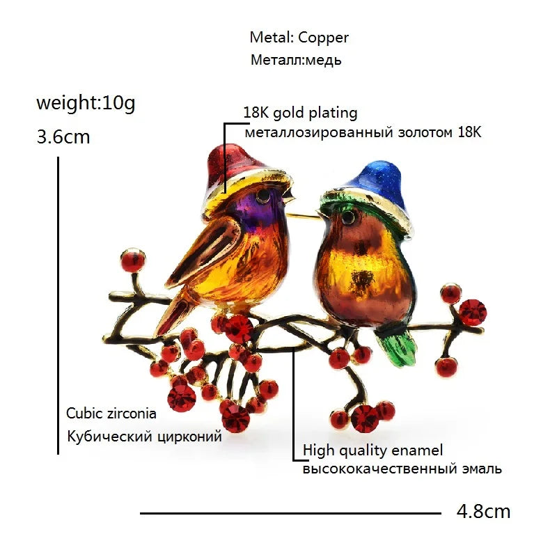Wuli&baby Cute Two Birds Brooches For Women 2-color Enamel Rhinestone Talking Bird Animal Party Office Brooch Pin Gifts