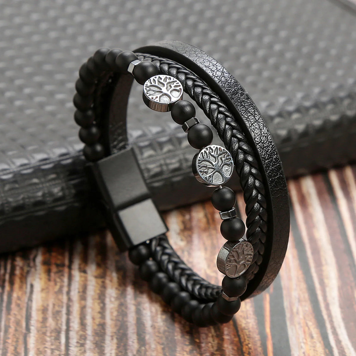 Tree of Life Leather Bracelets for Men Dad Father Grandfather BFF, Black Braided Rope Chain Multi-Layers Wristband Gift Jewelry