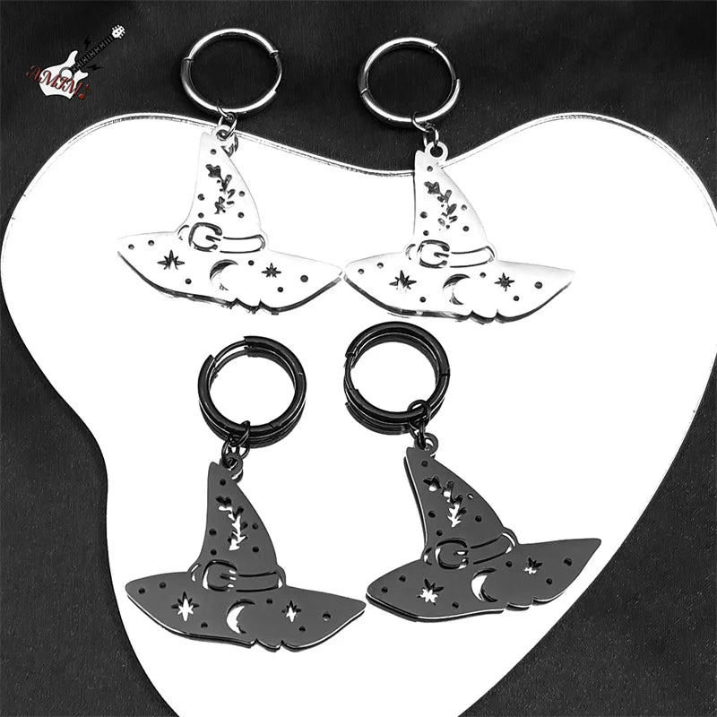 Witch Hat Star Moon Hoop Earring for Women Stainless Steel Black Silver Color Halloween Charm Earrings Gift Jewelry