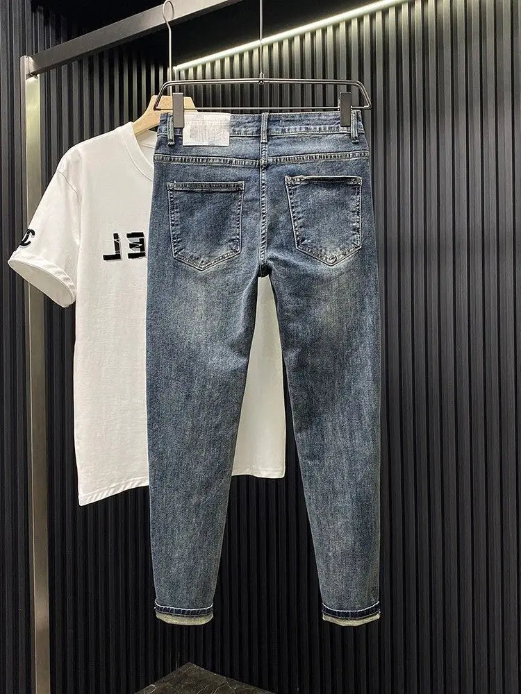 Trendy Brand 2026 Versatile Labeled Jeans for Men Stretch Slim Fit Simple Skinny Pants Trendy Cat Whisker Slimming Cropped Pants