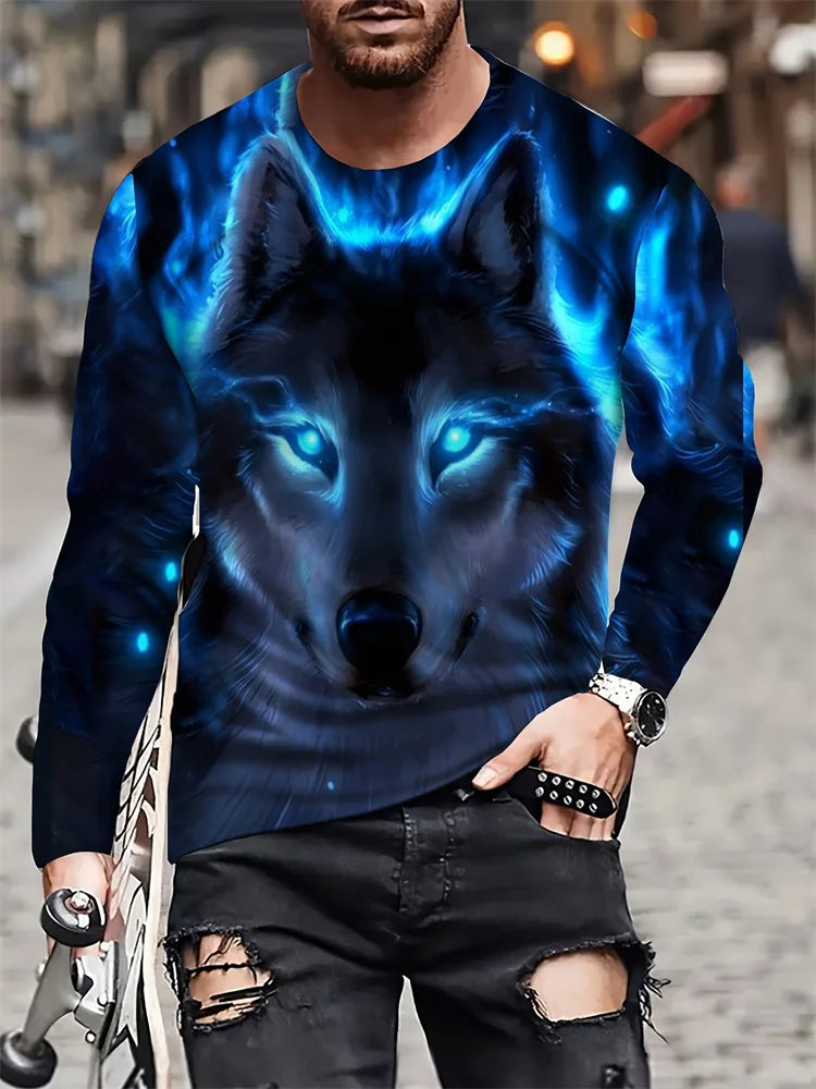 Spring And Autumn Men's Daily Casual Top Street Fashion Men's Long Sleeve T-shirt 3D Wolf Print Men's Long Sleeve T-shirt