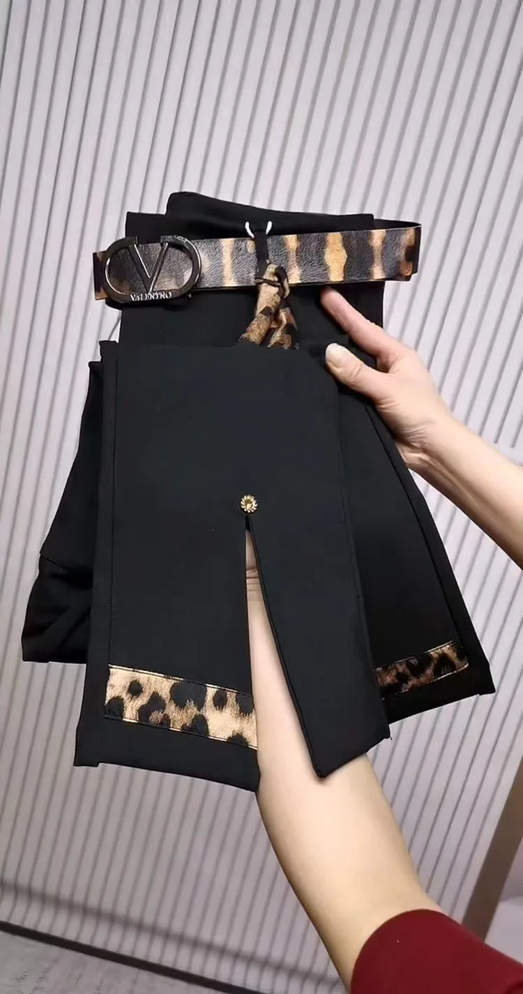 Spring Autumn new color blocking elastic micro bell pants for women high waist slim with leopard print flared cropped pants 2025