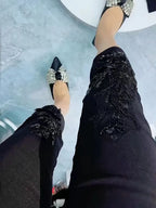 European Heavy Industry sequin bead design fashioneight point cigarette tube pants women's elastic high waist slim casual pants