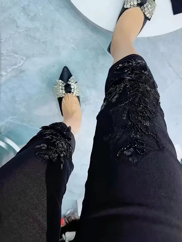 European Heavy Industry sequin bead design fashioneight point cigarette tube pants women's elastic high waist slim casual pants