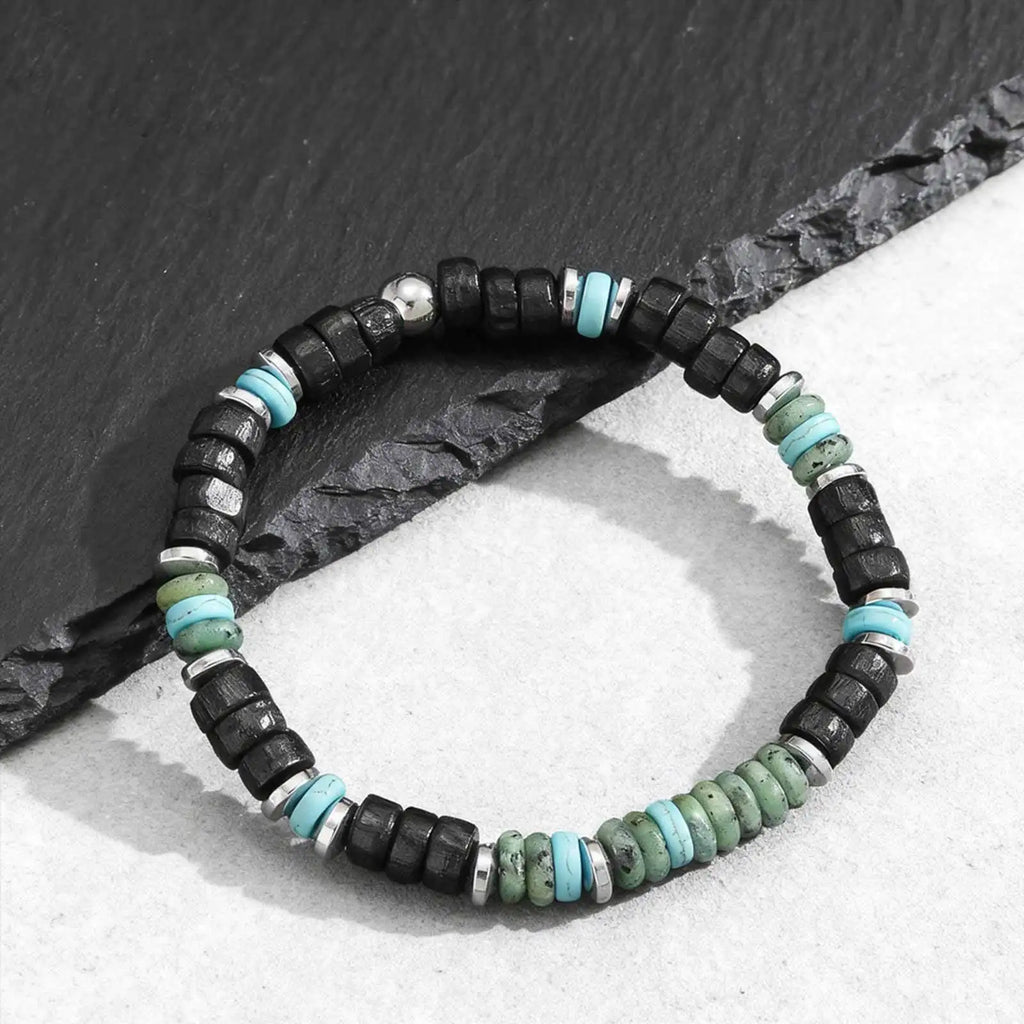 Bohemian Black Agate Beaded Bracelet for Men,Eiastic Green Stone Bead Bracelets,Handmade Stacking Stretch Bracelets Gift