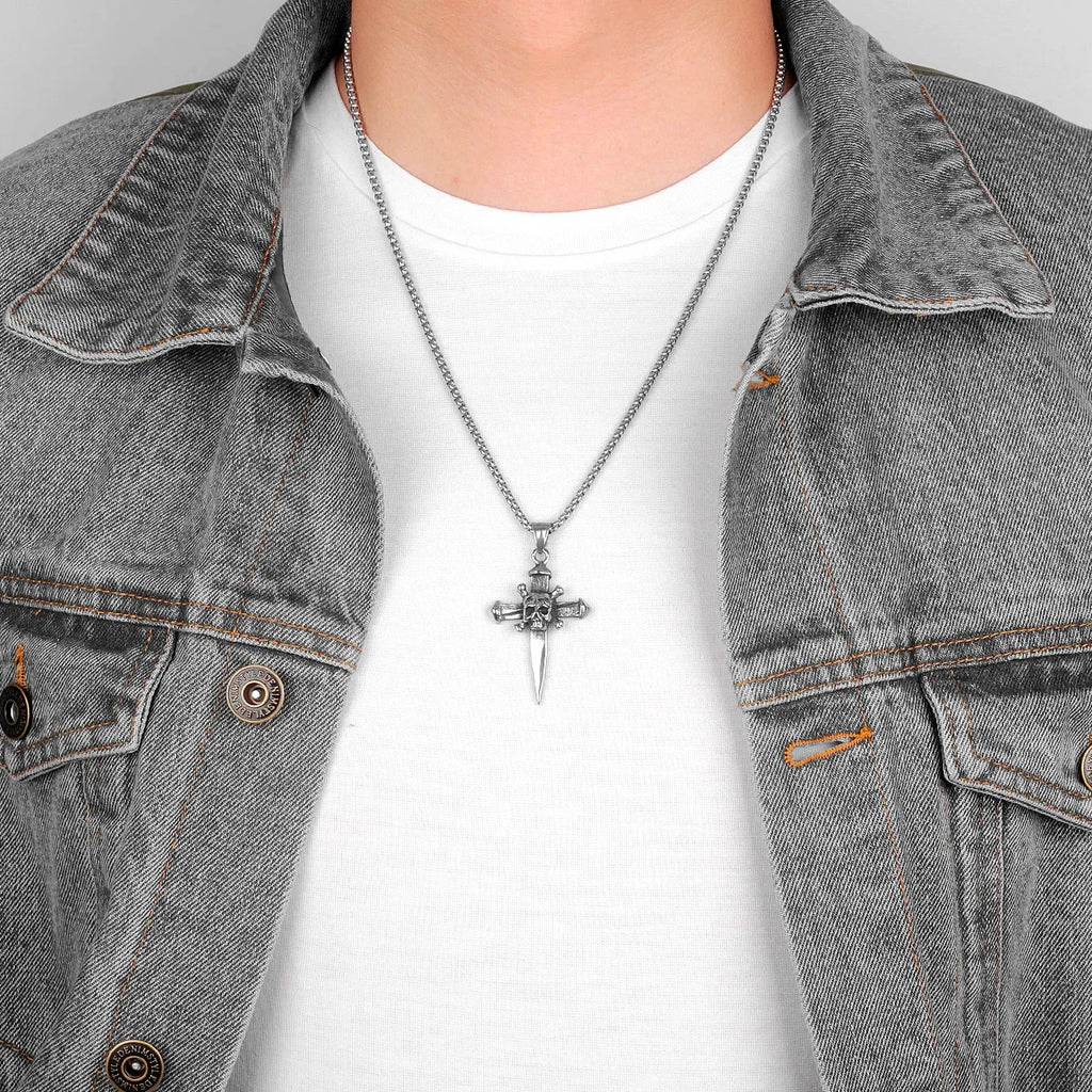 PENDRA Skull Cross Sword Steel Necklace