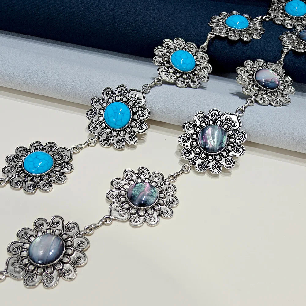 New Bohemian Coin Exaggerated Big Turquoise Waist Chain for Women Retro Ethnic Style Alloy Dance Waistband Female Body Jewelry