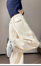 Corduroy cargo wide leg pants women in winter 2025 new high waisted loose fit slimming and ankle tied casual pants
