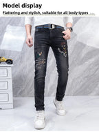Original Brand Men's Clothing Autumn and Winter New Trend Letter Embroidered Jeans Men's Slim Fashion Korean Elastic Trousers