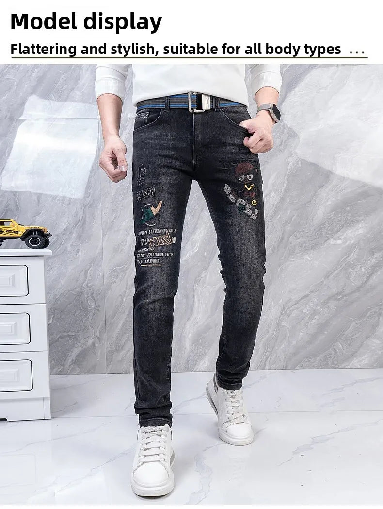 Original Brand Men's Clothing Autumn and Winter New Trend Letter Embroidered Jeans Men's Slim Fashion Korean Elastic Trousers