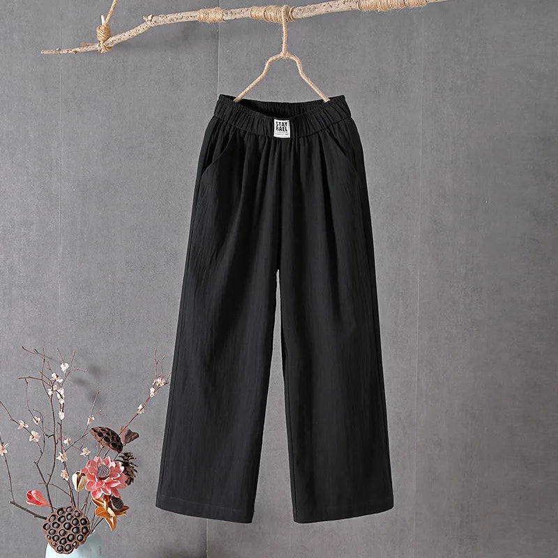 Female 2025 High Quality Loose Trousers Summer Elastic Waist Women's Pants Casual Solid Cotton Linen Ankle Length Pants