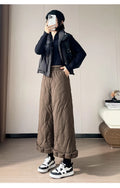 Elastic waist design down pants women winter cold resistant and warm high waist loose hanging casual straight leg pants