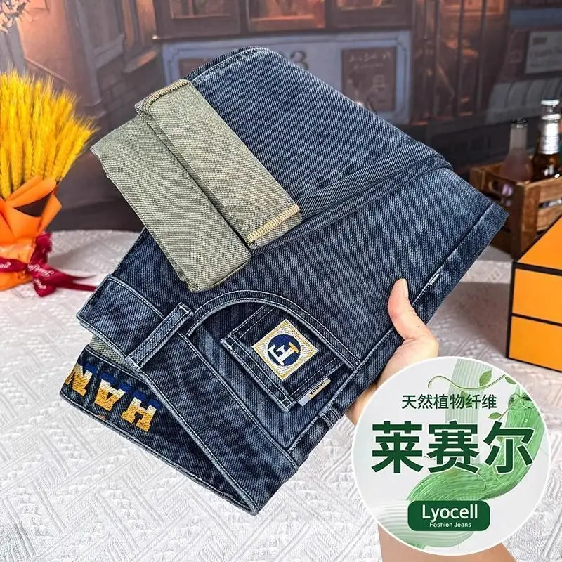 Men's Cropped Jeans Slim Fit Korean Trendy 2026 Spring Summer Blue Youth Trendy High-end Motorcycle Pants Men Man Trousers