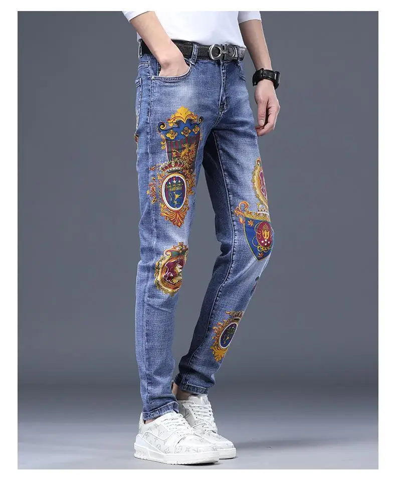 Spring Autumn Harajuku Fashion Art Craft Graphical Paintings 2000s Streetwear Male Slim Boyfriend Stylish Pants Denim Jeans Men