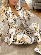 Chain printed leopard print casual two-piece set, double breasted lapel long sleeved suit jacket and high waisted casual pants,autumn women's clothing
