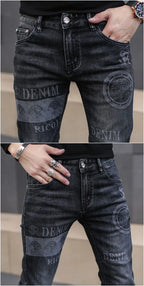 2025 Summer Ripped Jeans Men's Slim-fitting Small Feet Elastic Trousers Trendy Brand Fashion Scratched Patch Cargo Beggar Pants