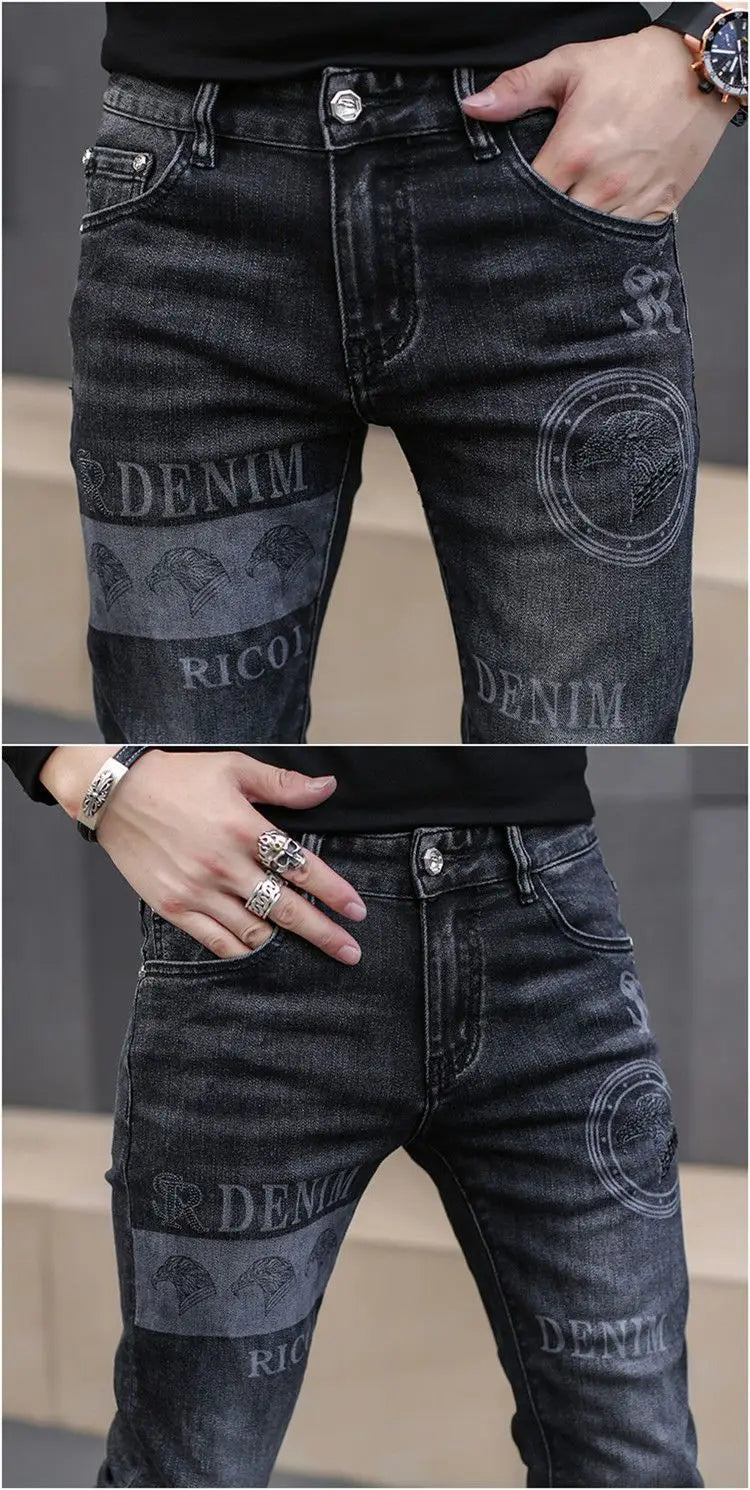 2025 Summer Ripped Jeans Men's Slim-fitting Small Feet Elastic Trousers Trendy Brand Fashion Scratched Patch Cargo Beggar Pants