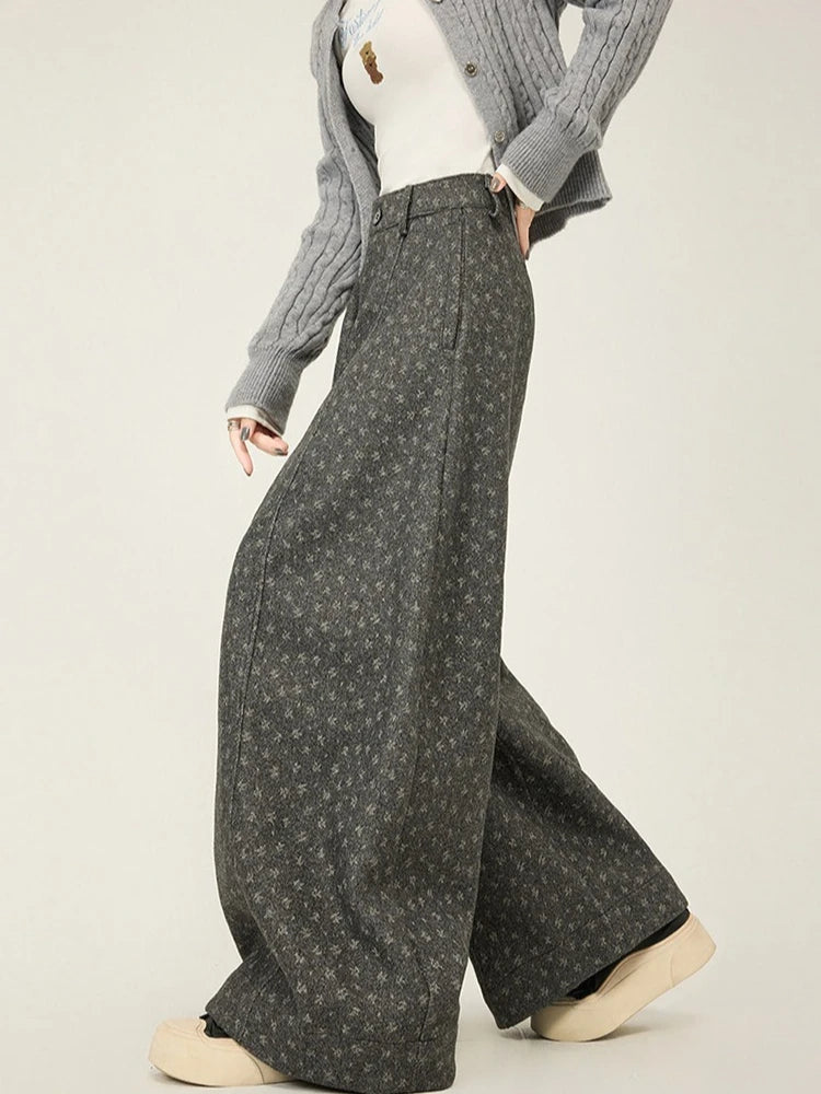 Lazy style floral print woolen suit pants women in winter new loose and versatile casual curved knife wide leg pants