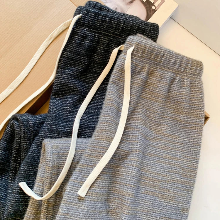 Lazy style wide leg pants women in winter elastic waistband slimming loose and hanging straight leg floor length pants