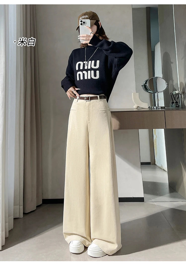 Corduroy suit wide leg pants women in autumn and winter high waist lazy style thick velvet warmth and versatile pants