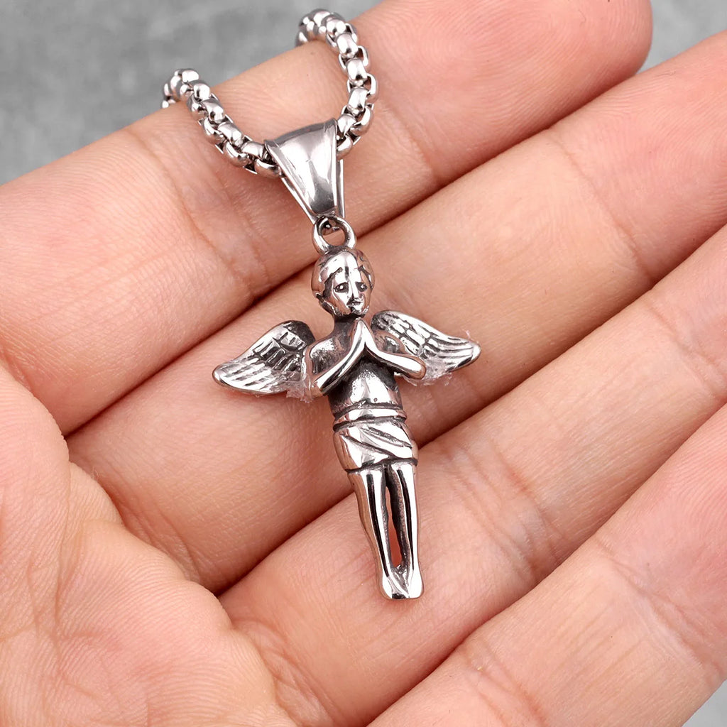 Angel Prayer Child Stainless Steel Men Necklaces Pendants Chain Religion for Boyfriend Male Jewelry Creativity Gift Wholesale