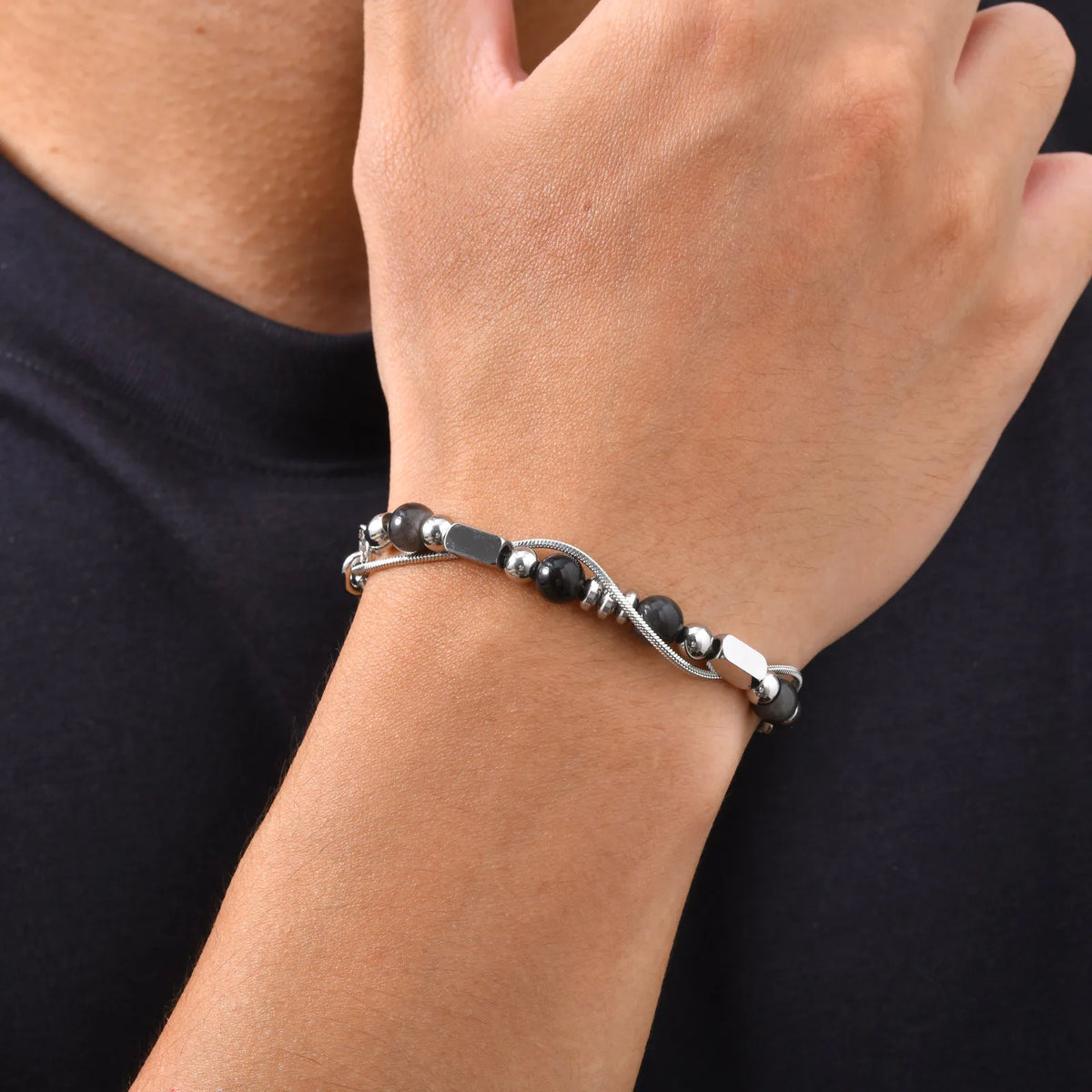 Hip Hop Natural Stone Beaded Bracelet for Men,Stainless Steel Adjustable Chain Wristband,New Stacked Jewelry Gift