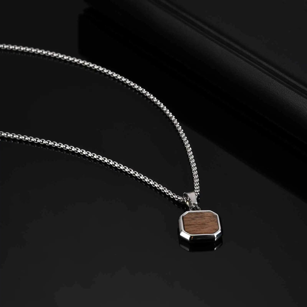 Trend Wood Square Necklace for Men,Brown Color Stainless Steel Rectangle Pendant Necklaces with Box Chain,50/55/60CM