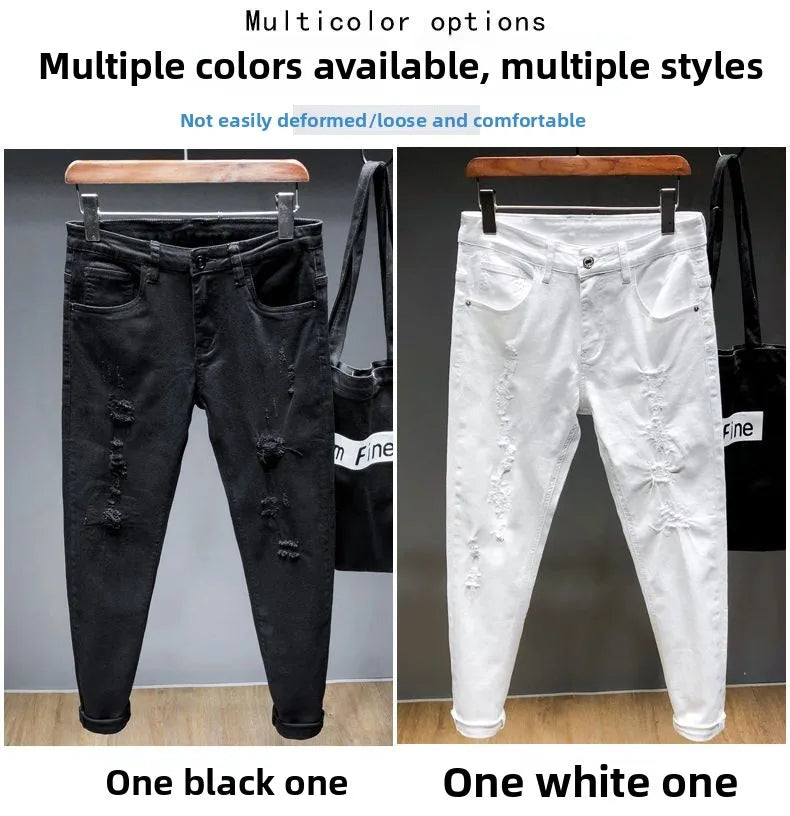 Spring New Ripped Jeans Men's Slim-fitting Elastic Simple Solid Casual Trousers Trendy Men's Trousers White Denim Jeans Hombre