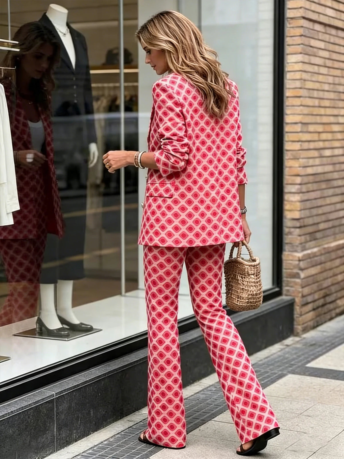 New Women's High-quality Digital Print Bohemian Style Two-piece Suit Set, Featuring a Long-sleeved Collared Jacket and Straight-leg Trousers. Machine Washable and Suitable for Everyday Wear.