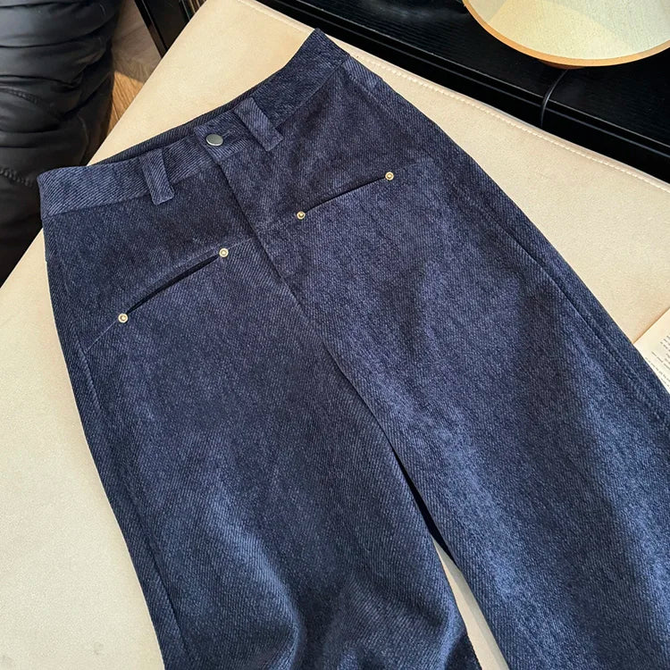 Deep blue wide leg casual pants women's autumn and winter 2025 new loose thick fashion versatile striped straight leg pants