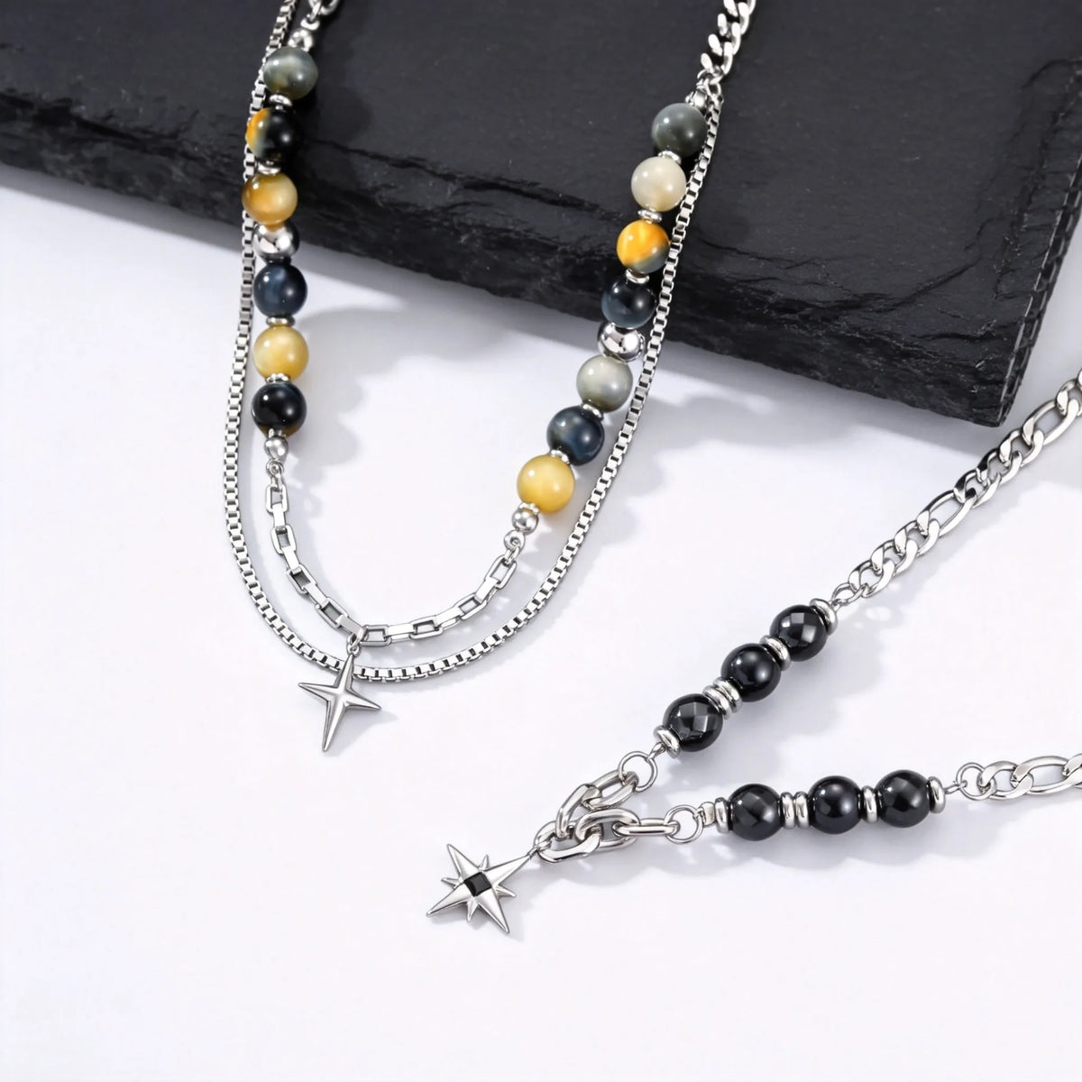 Hiphop Star Cross Chain Necklaces for Men Boys,Stainless Steel Punk Double Layers Chain Collars,Unisex Jewelry